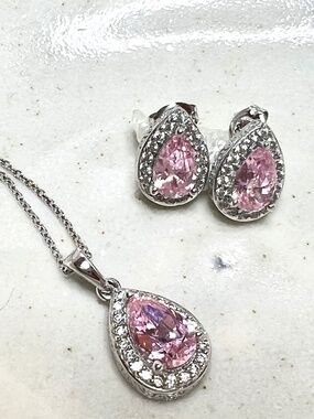 Authentic Vanna K Sterling Silver Pink CZ Halo Pendant & Earring Set, Signed 925